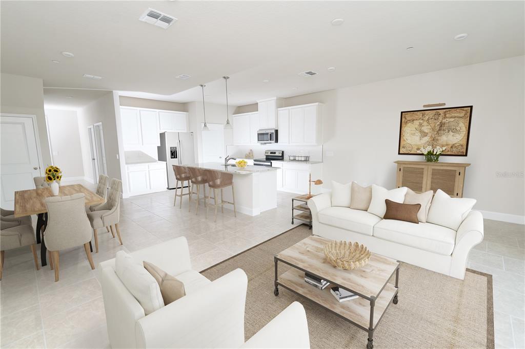 This is a digital rendering of an open-concept kitchen and living area with neutral finishes — 6704 CEDAR LANDING CIRCLE, LEESBURG, FL