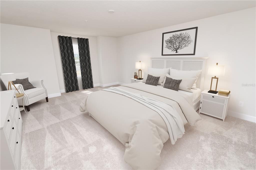 This is a digital rendering of a bedroom featuring a bed, nightstands, and an armchair — 6704 CEDAR LANDING CIRCLE, LEESBURG, FL