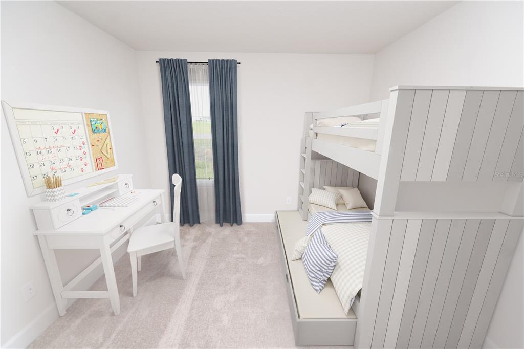 This digital rendering shows a bedroom with a white bunk bed, desk, and blue curtains — 6704 CEDAR LANDING CIRCLE, LEESBURG, FL