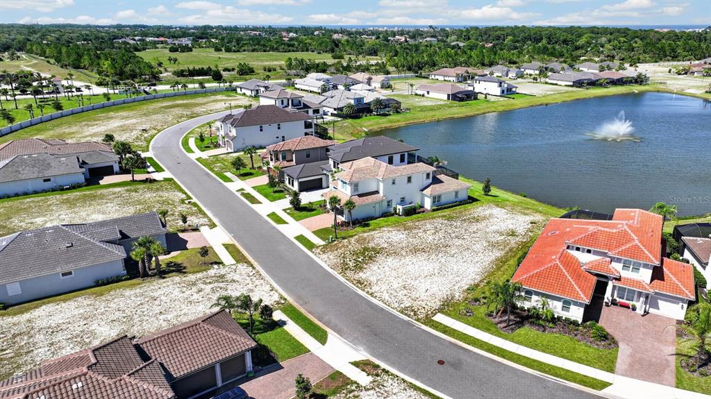 An aerial view shows suburban houses, a curved street, and a pond with a fountain — 47 DEL PALMA DRIVE, PALM COAST, FL