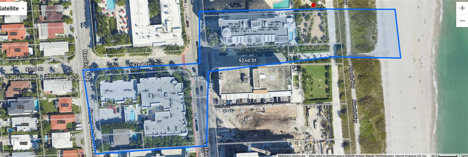 This satellite map shows two outlined properties located near the beach in an urban area — 9172 Collins Ave # 218, Surfside FL 33154, SURFSIDE, FL