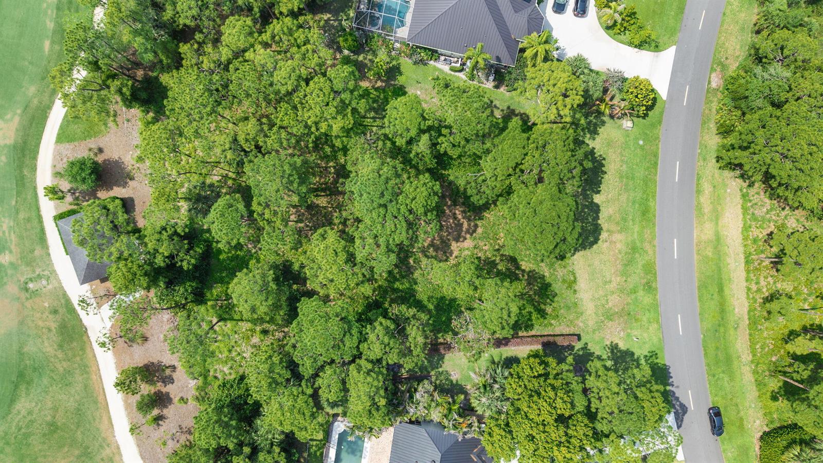 An aerial view shows a wooded residential lot situated between a road and a golf course — 19051 SE Old Trail Drive W, Jupiter FL 33478, JUPITER, FL