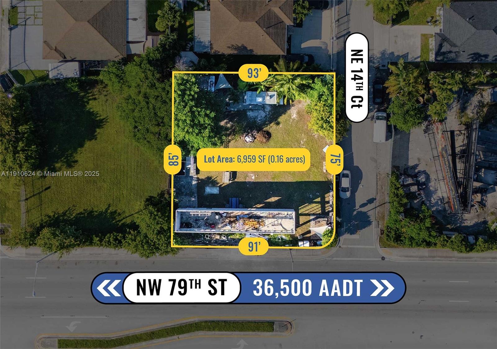 An aerial view shows a rectangular lot with dimensions and a structure on the property — 1441 NW 79th Street, Miami FL 33147, MIAMI, FL