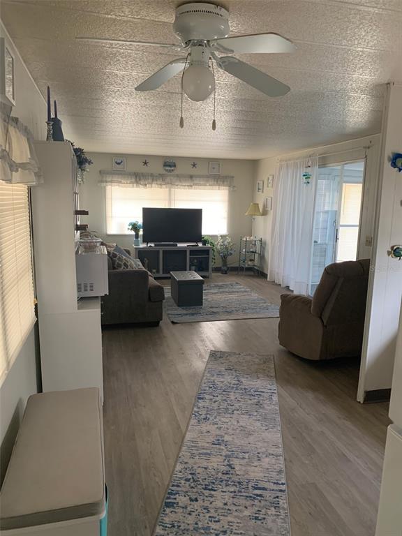 A living room features light wood-look flooring, a ceiling fan, and a gray sofa — 2341 BARON DRIVE, HOLIDAY, FL