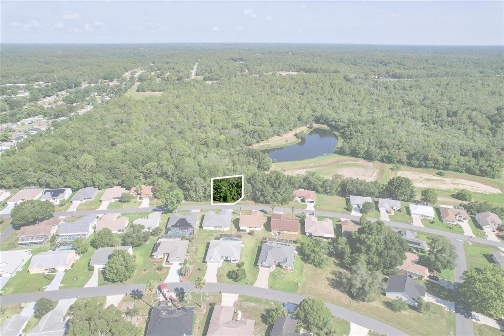 An aerial view shows a vacant, wooded residential lot highlighted among suburban houses and trees — 911 W COLBERT COURT, BEVERLY HILLS, FL
