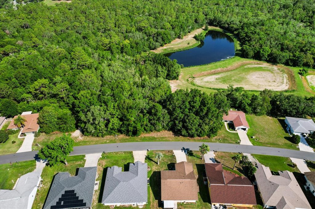 An aerial view shows a suburban neighborhood street with houses bordering a wooded area and pond — 911 W COLBERT COURT, BEVERLY HILLS, FL