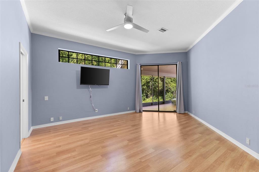 A bedroom with light blue walls, wood-look flooring, a ceiling fan, and sliding glass doors — 4201 WATERSCAPE DRIVE, PALM HARBOR, FL
