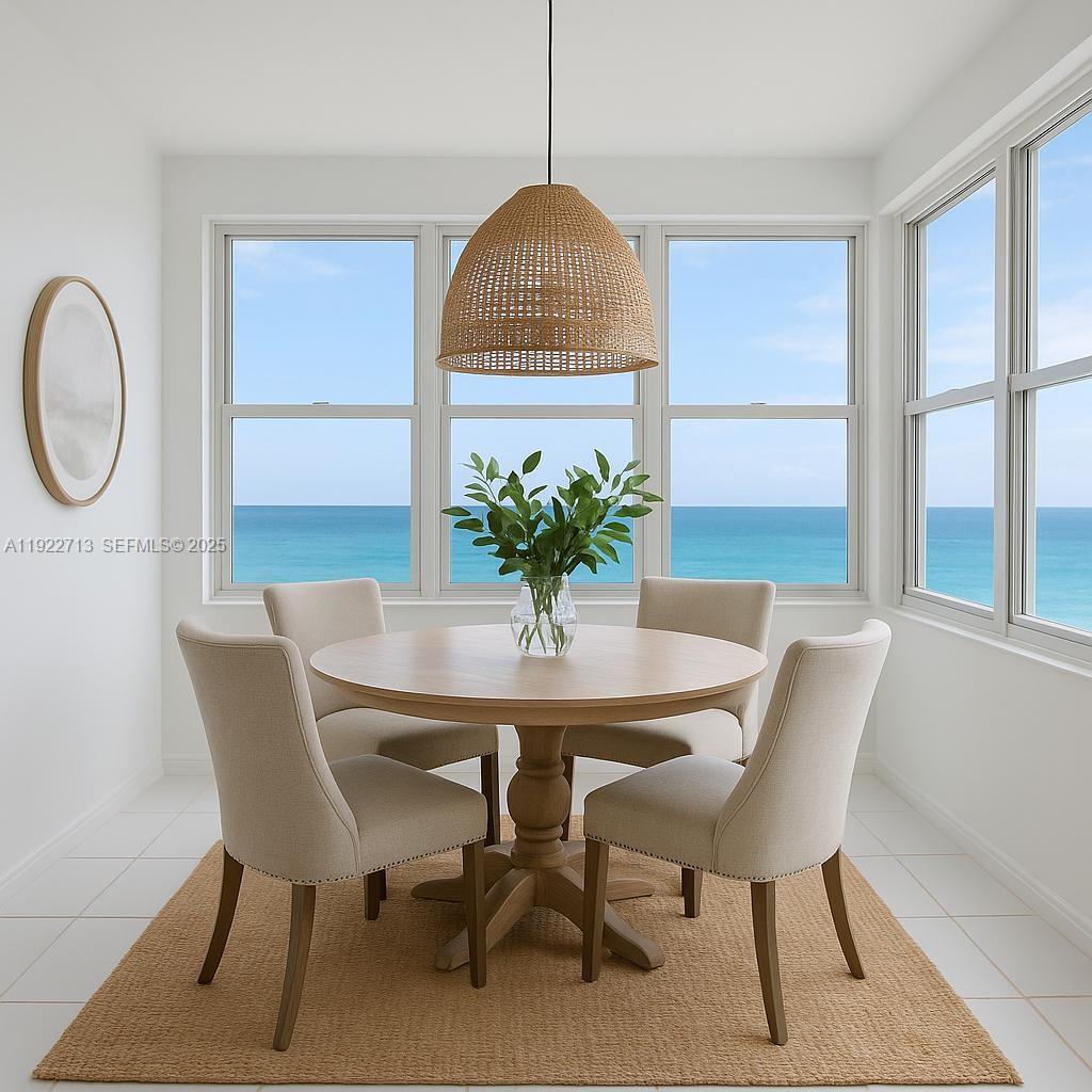 This is a rendering of a dining area featuring a round table, four chairs, and ocean views — 5255 Collins Ave # 5D, Miami Beach FL 33140, MIAMI BEACH, FL