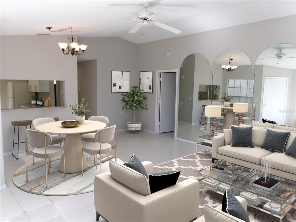 This rendering shows an open-concept living and dining area with neutral furniture and arched mirrors — 11604 VERSAILLES LANE, PORT RICHEY, FL