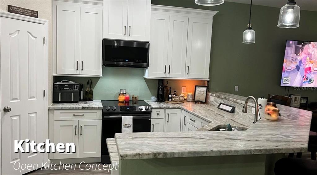 A kitchen features white cabinets, stone countertops, a black microwave, and a green accent wall — 8222 BRENT STREET, PORT RICHEY, FL