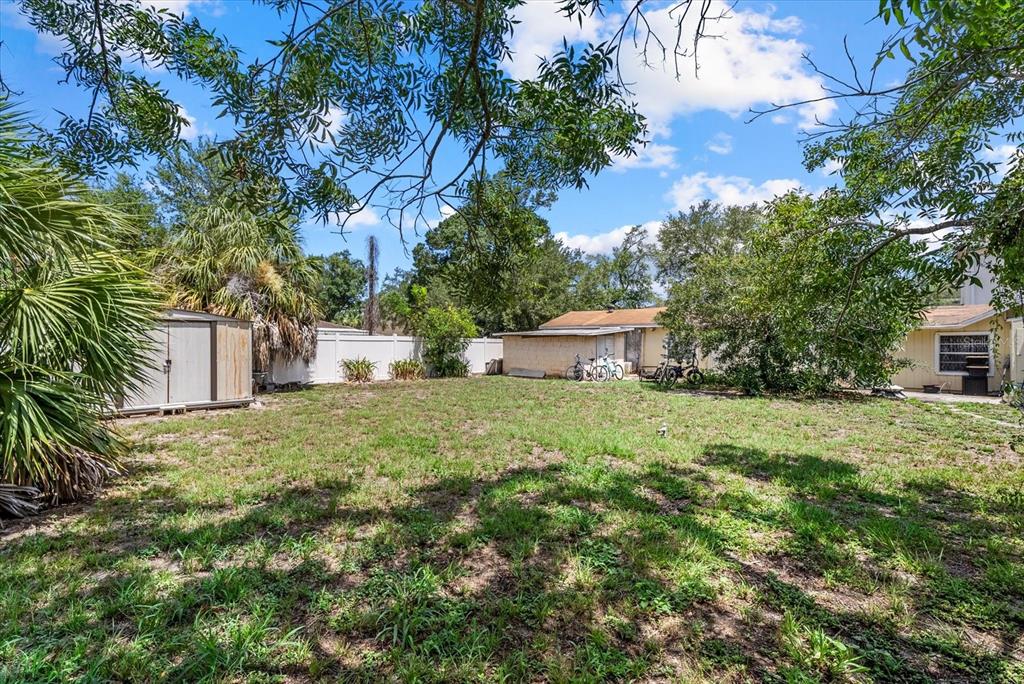 A grassy backyard features a metal storage shed, a detached structure, and several bicycles — 214 N HABANA AVENUE, TAMPA, FL