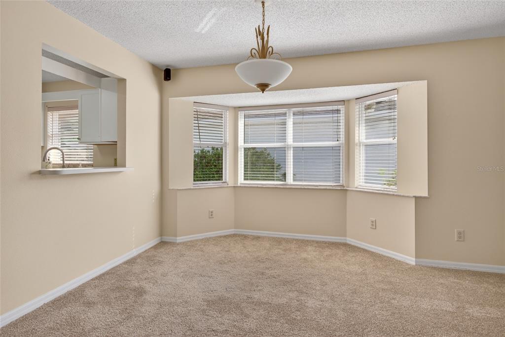 A dining area features beige carpet, a bay window with blinds, and a pass-through opening — 9077 SW 91ST CIRCLE, OCALA, FL