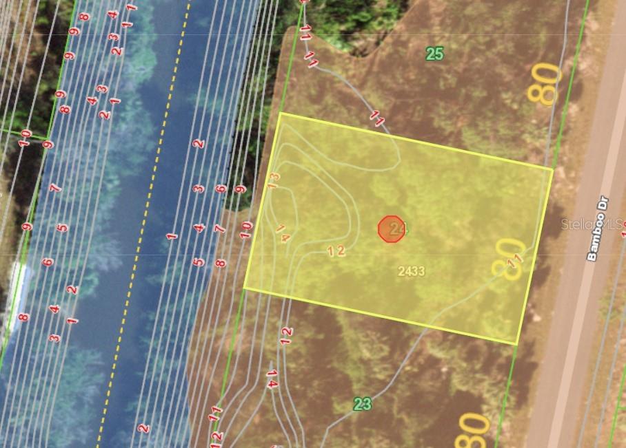 This is a map showing a highlighted rectangular land parcel with contour lines — 111 BAMBOO DRIVE, PORT CHARLOTTE, FL