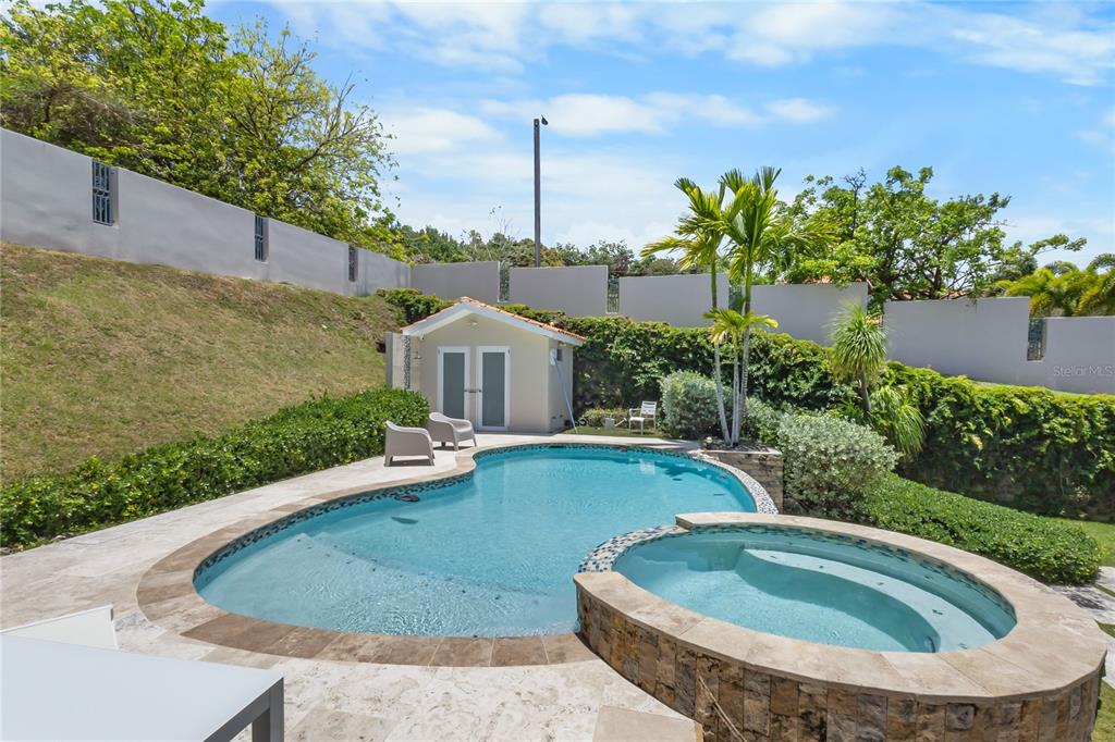 A swimming pool and raised hot tub sit in a backyard with a small shed — 76 HARBOUR LIGHTS DR, HUMACAO, PR