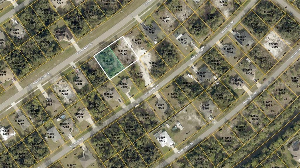 This is an aerial map showing residential lots and street layouts in a neighborhood — Lots 33 & 34 SAN MATEO DRIVE, NORTH PORT, FL