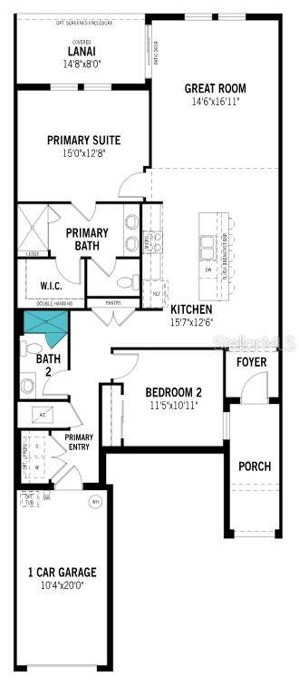 This is a floor plan for a home featuring two bedrooms, two bathrooms, and a garage — 17405 MOONFLOWER DRIVE UNIT 102, VENICE, FL
