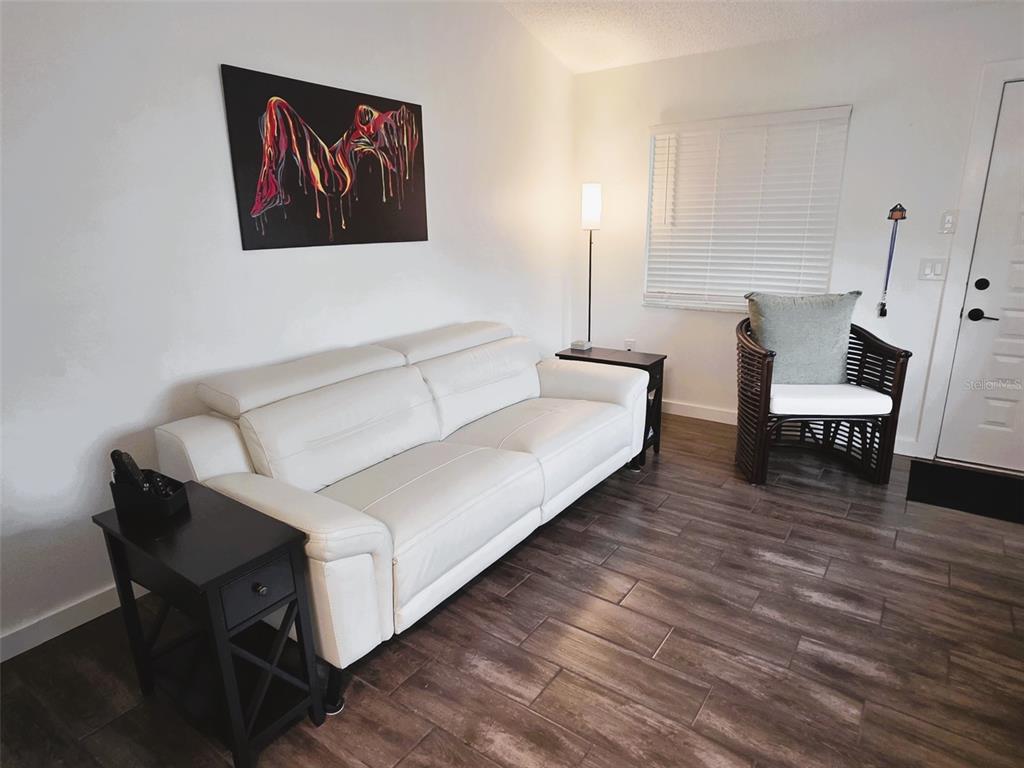 A living room features a white leather sofa, dark wood flooring, and wall-mounted artwork — 1955 ABRICO DRIVE UNIT G16, LUTZ, FL