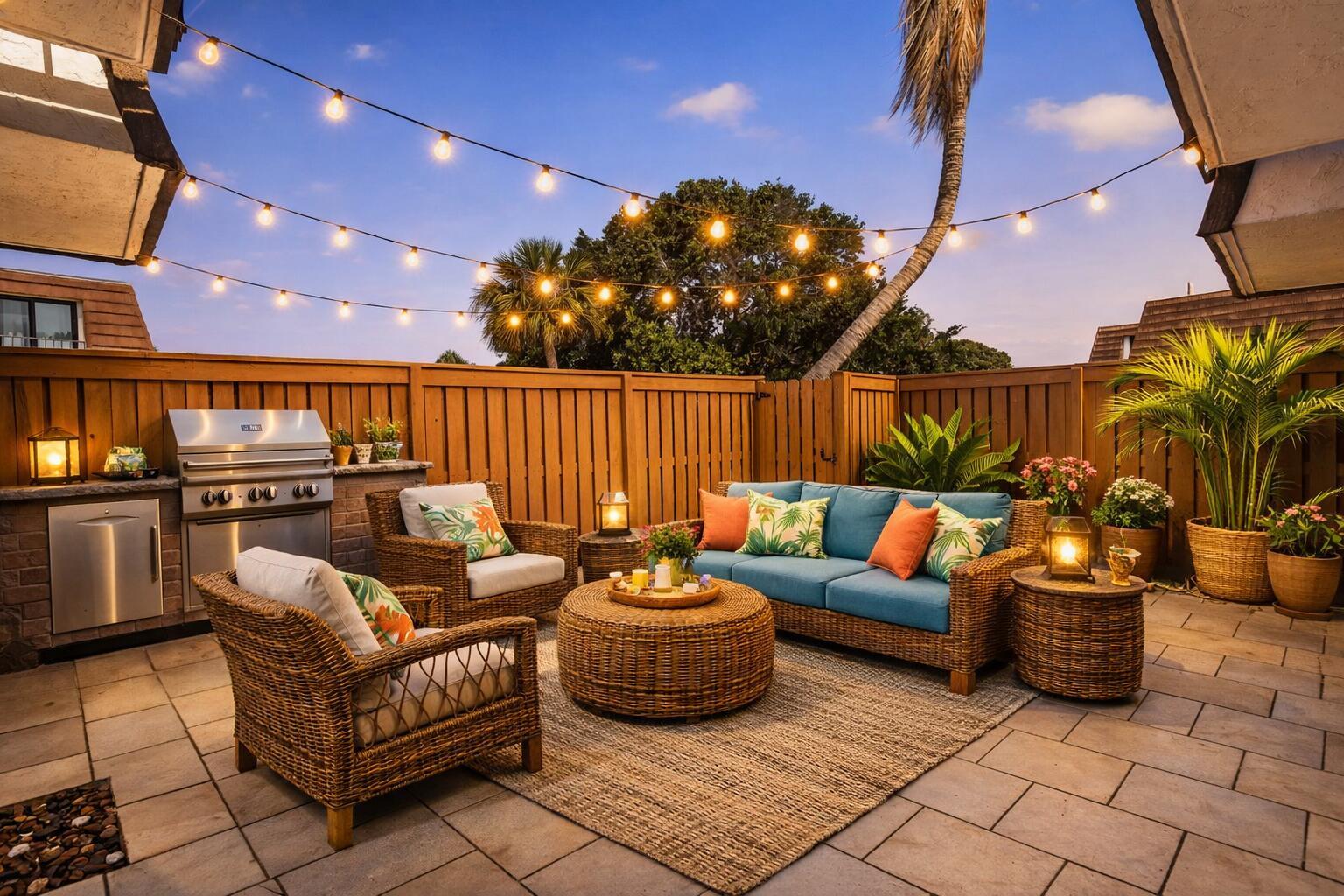 A patio features wicker furniture, a blue sofa, a built-in grill, and string lights overhead — 3900 County Line Road # 21d, Tequesta FL 33469, TEQUESTA, FL