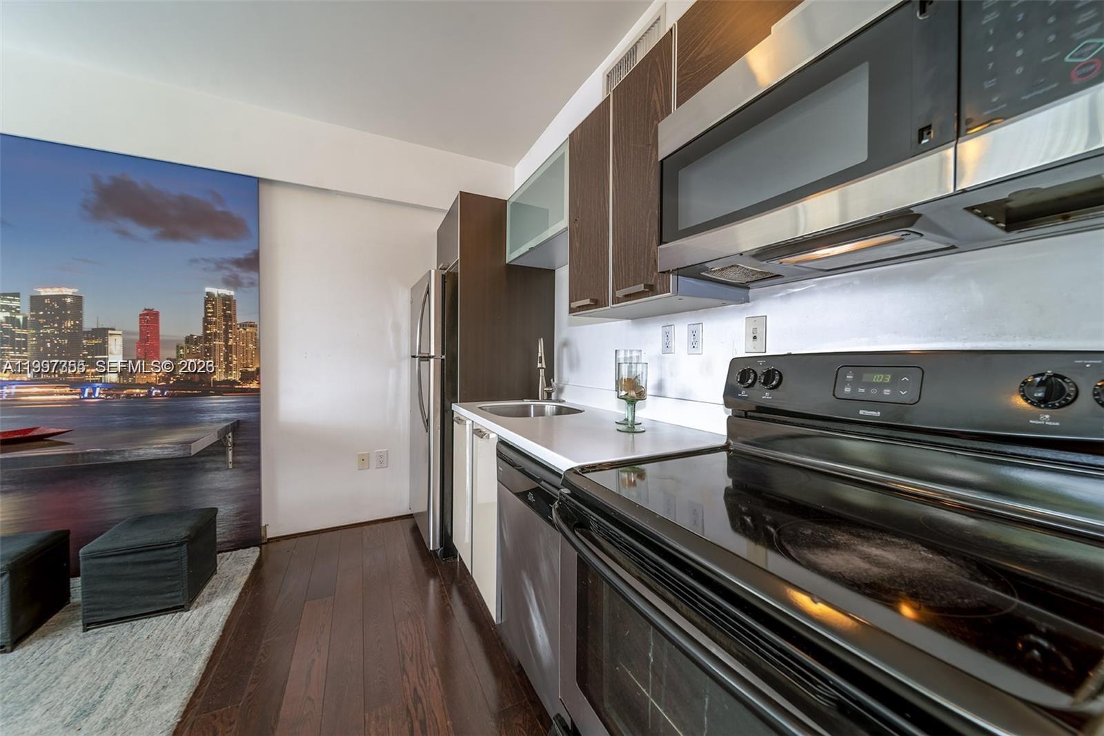 A kitchen features dark wood cabinets, stainless steel appliances, and a view of a city skyline — 601 11th St # 206, Miami Beach FL 33139, MIAMI BEACH, FL