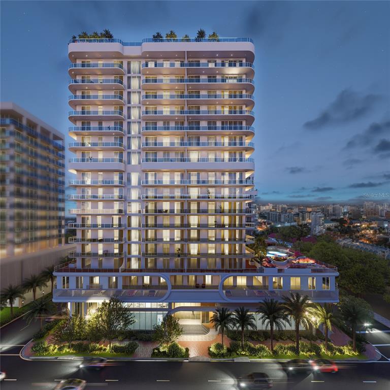A digital rendering of a modern high-rise apartment building at dusk with exterior balconies — 430 N TAMIAMI TRAIL UNIT 709, SARASOTA, FL