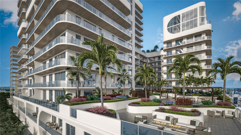 This architectural rendering shows a modern apartment building with a landscaped terrace and outdoor seating — 430 N TAMIAMI TRAIL UNIT 709, SARASOTA, FL
