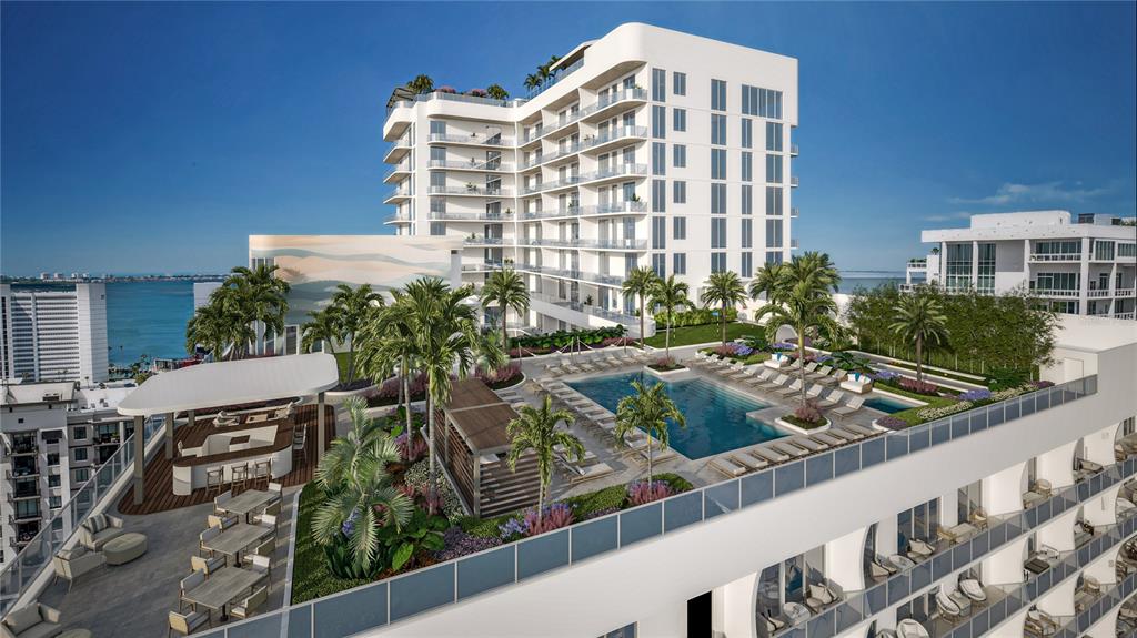 This is a rendering of a high-rise building featuring a rooftop pool and lounge area — 430 N TAMIAMI TRAIL UNIT 709, SARASOTA, FL