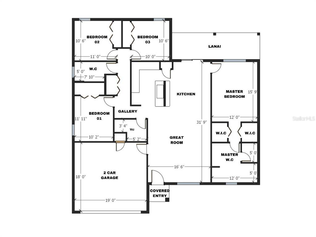 This is a floor plan of a house featuring a garage, three bedrooms, and a lanai — 603 AMAZON PLACE, KISSIMMEE, FL