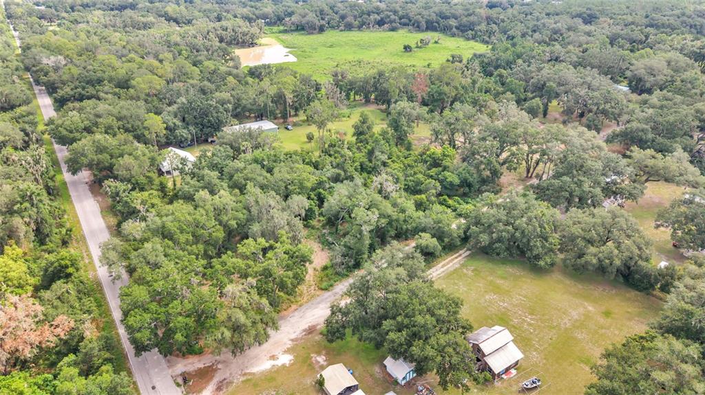 An aerial view shows a rural property with houses, outbuildings, trees, and a dirt road — SYDNEY WASHER ROAD, DOVER, FL