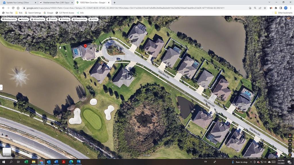This satellite map shows a residential street with houses, a pond, and a golf course — 10503 PALM COVE AVENUE, TAMPA, FL