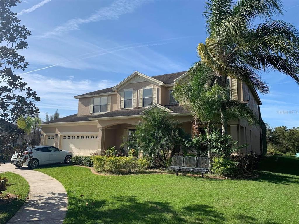 A two-story suburban house with a tan exterior, a two-car garage, and a palm tree — 10503 PALM COVE AVENUE, TAMPA, FL