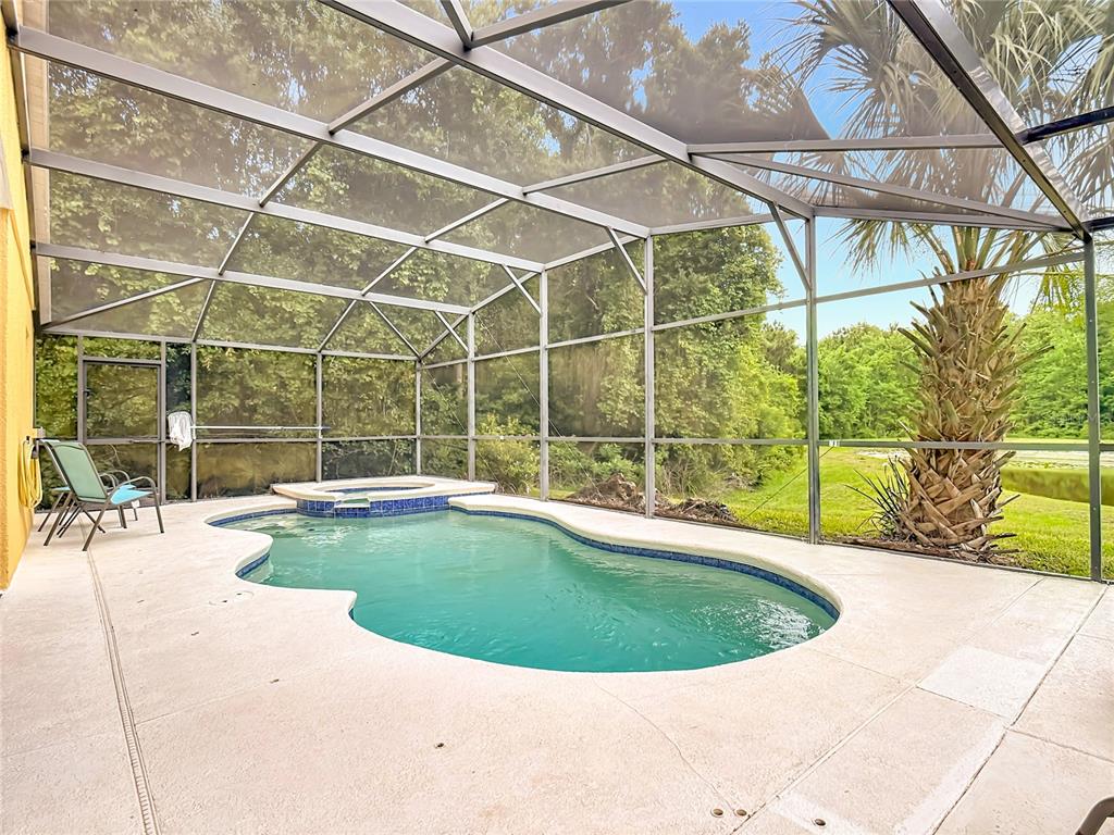 A screened-in patio features a kidney-shaped swimming pool, an attached hot tub, and palm trees — 522 SANDY RIDGE DRIVE, DAVENPORT, FL