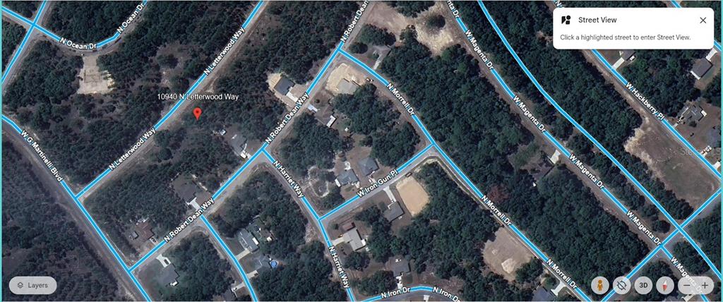 This is a satellite map showing a residential area with streets and wooded lots — 10940 N LETTERWOOD WAY, DUNNELLON, FL