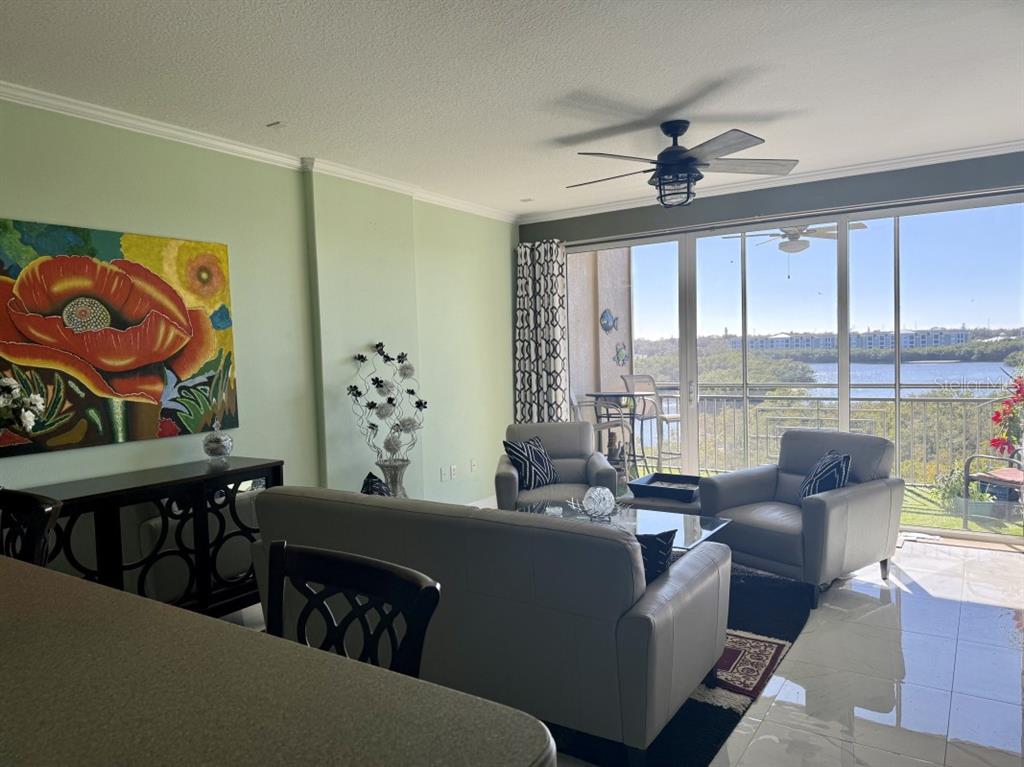 A living room with light green walls, gray leather furniture, and a balcony overlooking water — 7194 KEY HAVEN ROAD UNIT 504, SEMINOLE, FL
