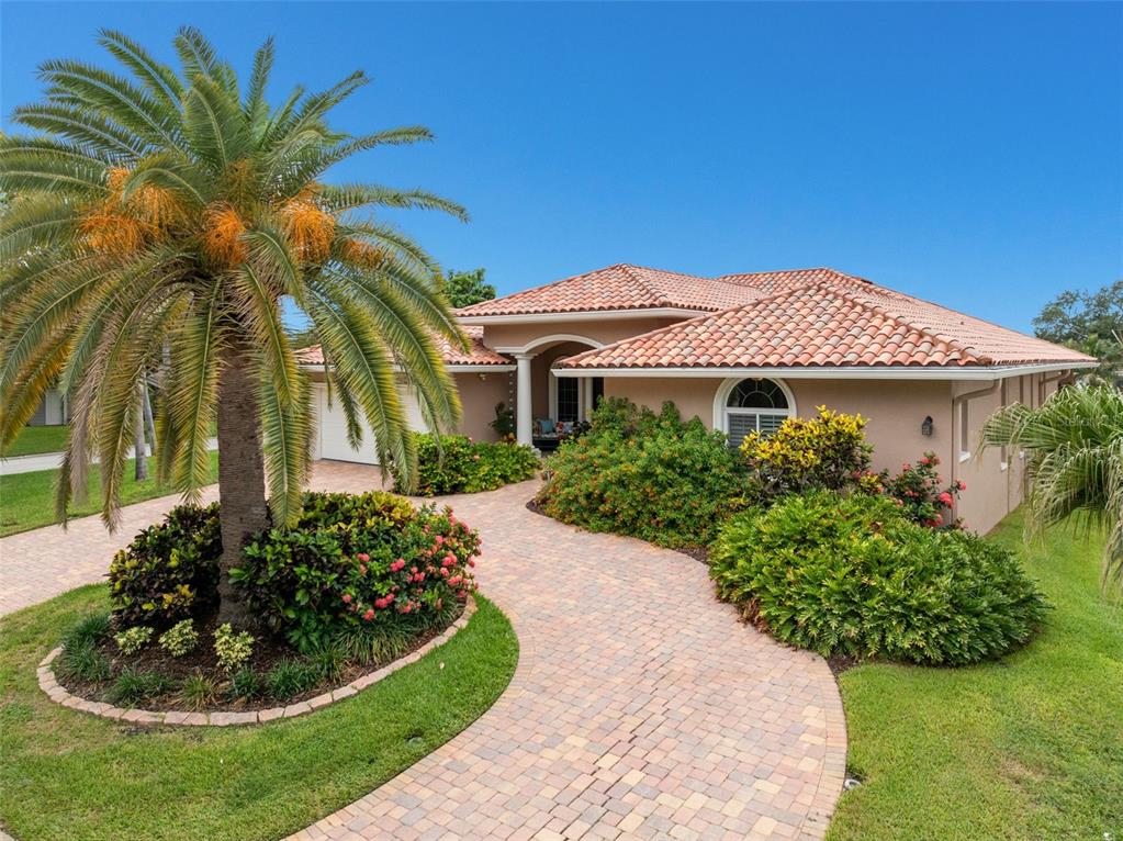 A single-story house with a tiled roof, a paved driveway, and a large palm tree — 2001 ILLINOIS AVE NE, ST PETERSBURG, FL