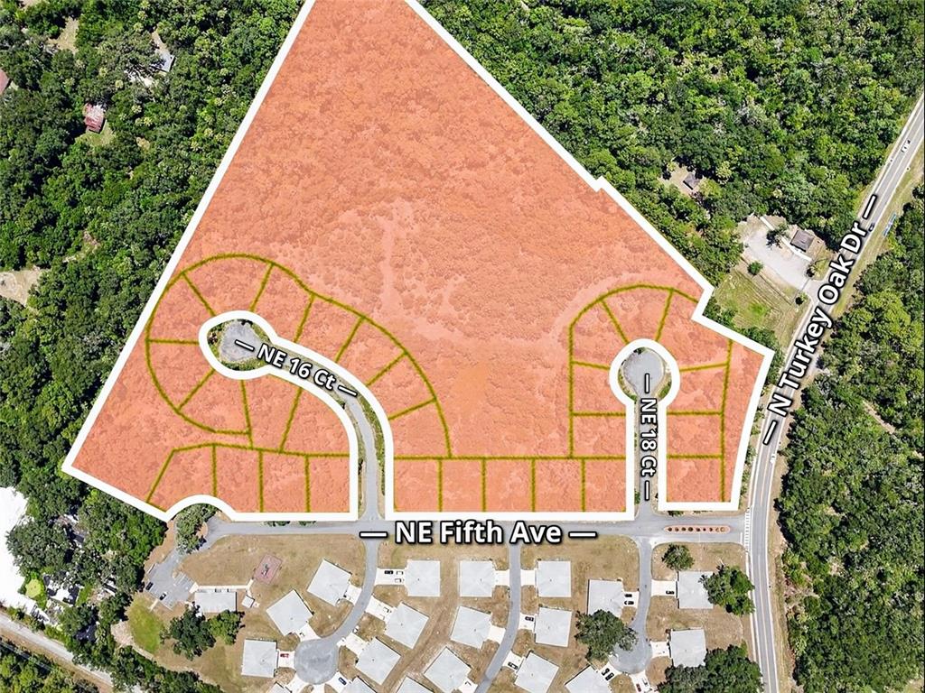 An aerial map shows a proposed residential subdivision layout highlighted in orange on a wooded lot — 1520 NE 5TH AVENUE, CRYSTAL RIVER, FL