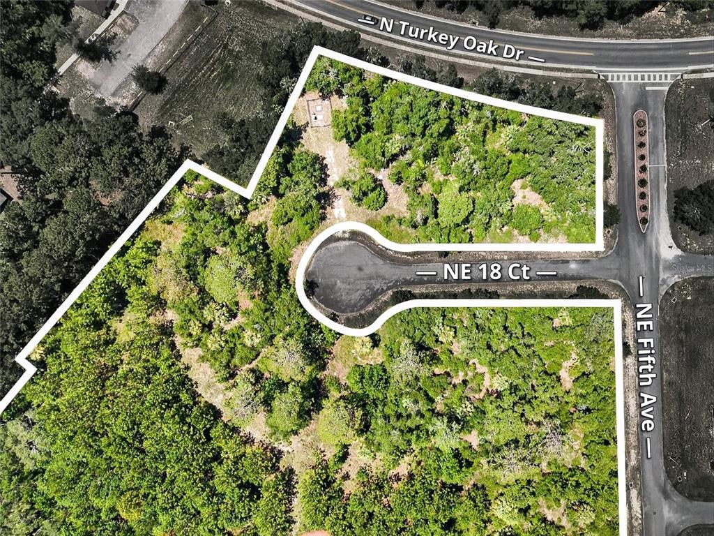 This is an aerial map showing a vacant, wooded lot at the end of a cul-de-sac — 1520 NE 5TH AVENUE, CRYSTAL RIVER, FL