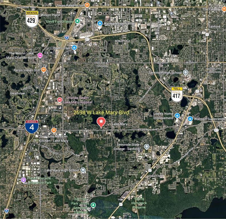 This is a map showing the location of a property in Lake Mary, Florida — 2698 W LAKE MARY BOULEVARD, LAKE MARY, FL