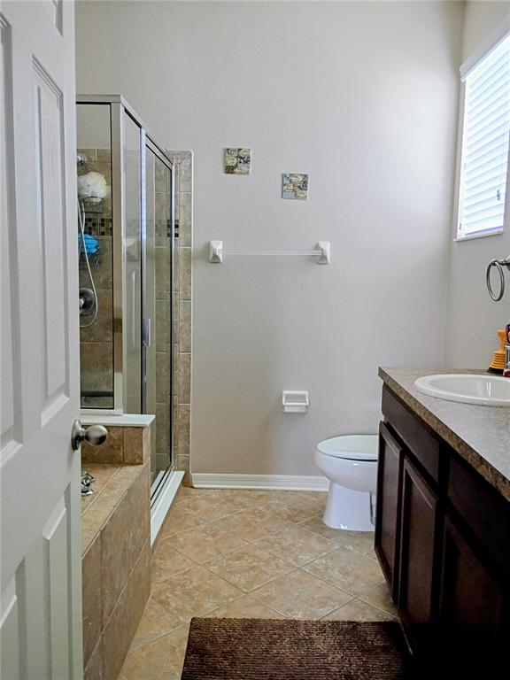 A bathroom features a tiled shower, a toilet, and a dark wood vanity with a sink — 10311 GREYSTONE RIDGE COURT, RIVERVIEW, FL