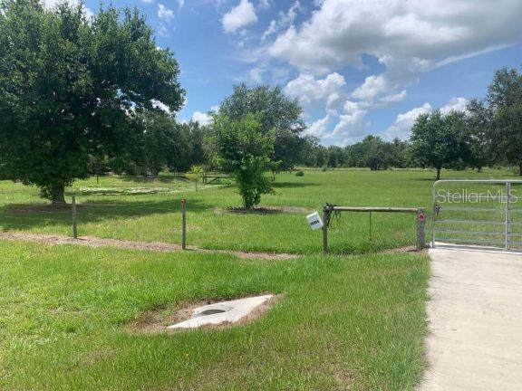 A grassy field features a metal gate, a mailbox, and several trees under a cloudy sky — 40906 11TH AVENUE E, MYAKKA CITY, FL