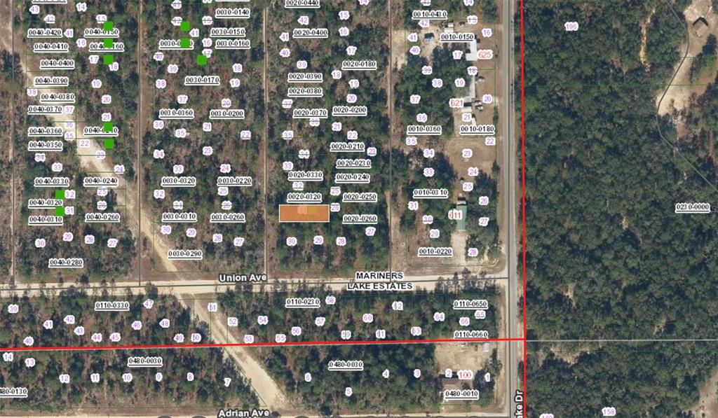 This is an aerial map showing property parcel lines and lot numbers in a wooded area — XX PINE WAY, INTERLACHEN, FL