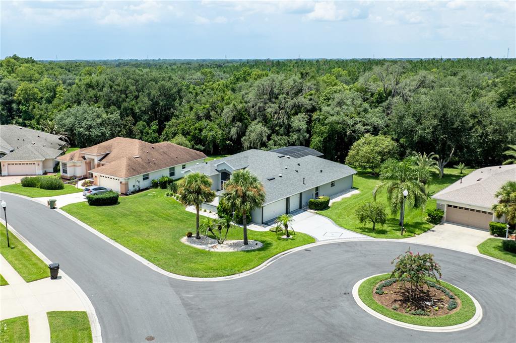 An aerial view shows a suburban neighborhood with houses, green lawns, and a cul-de-sac — 5121 AURORA DRIVE, LEESBURG, FL