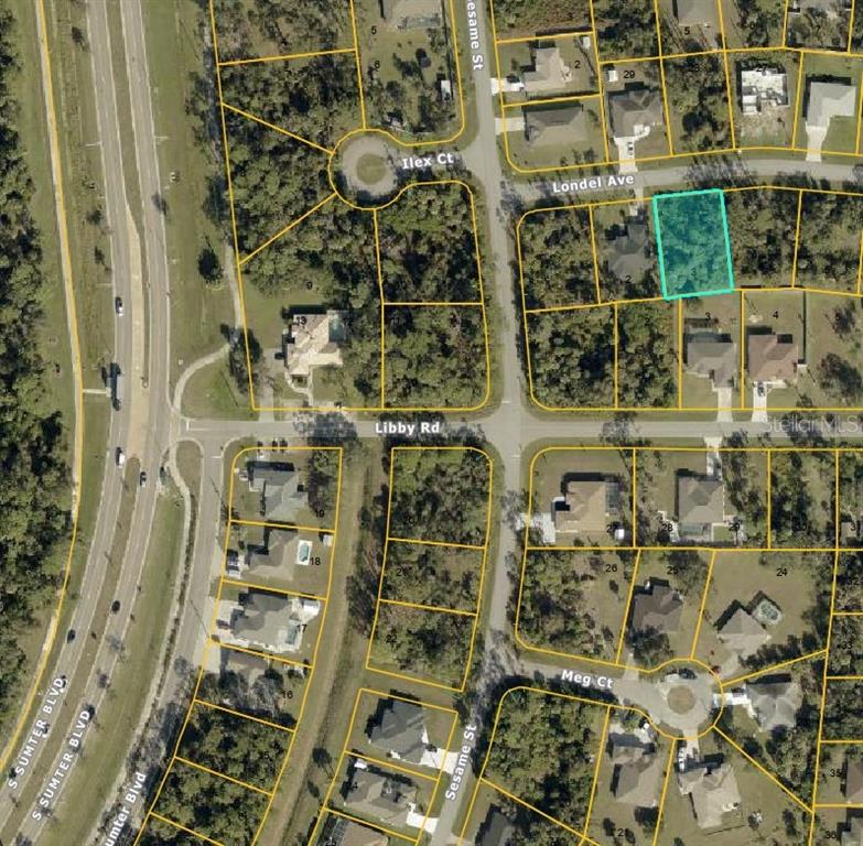 This is an aerial map view showing a vacant residential lot highlighted in a neighborhood — LONDEL AVENUE, NORTH PORT, FL