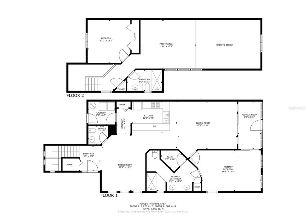 This is a floor plan showing the layout and dimensions of a two-story home — 11040 W COVE HARBOR DRIVE, CRYSTAL RIVER, FL