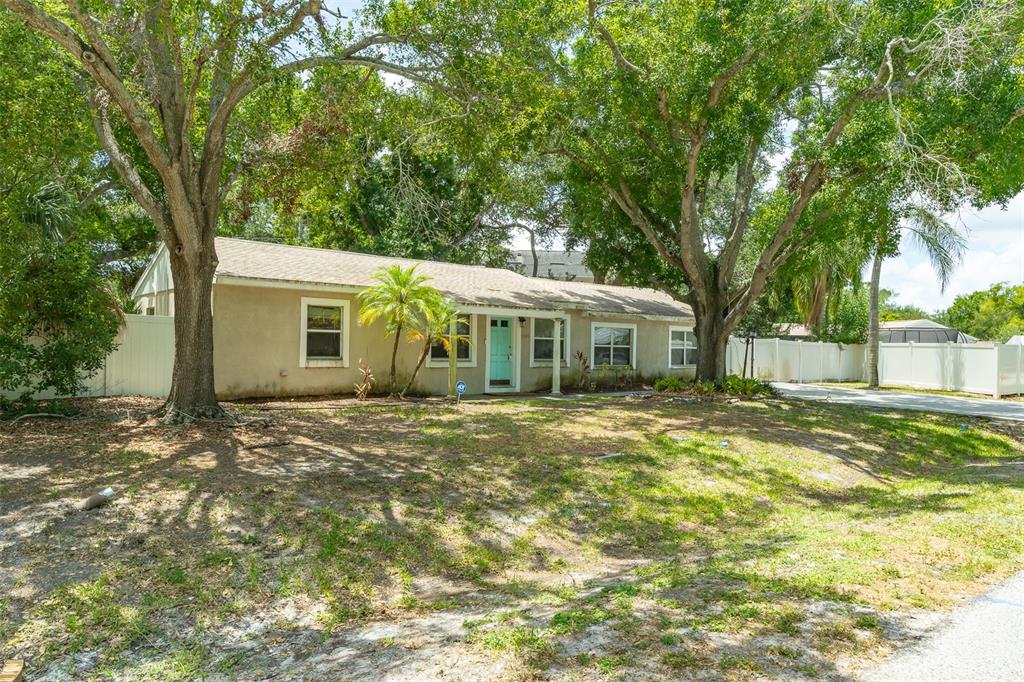 A single-story house with a light-colored exterior, a teal front door, and large shade trees — 4416 W ANITA BOULEVARD, TAMPA, FL