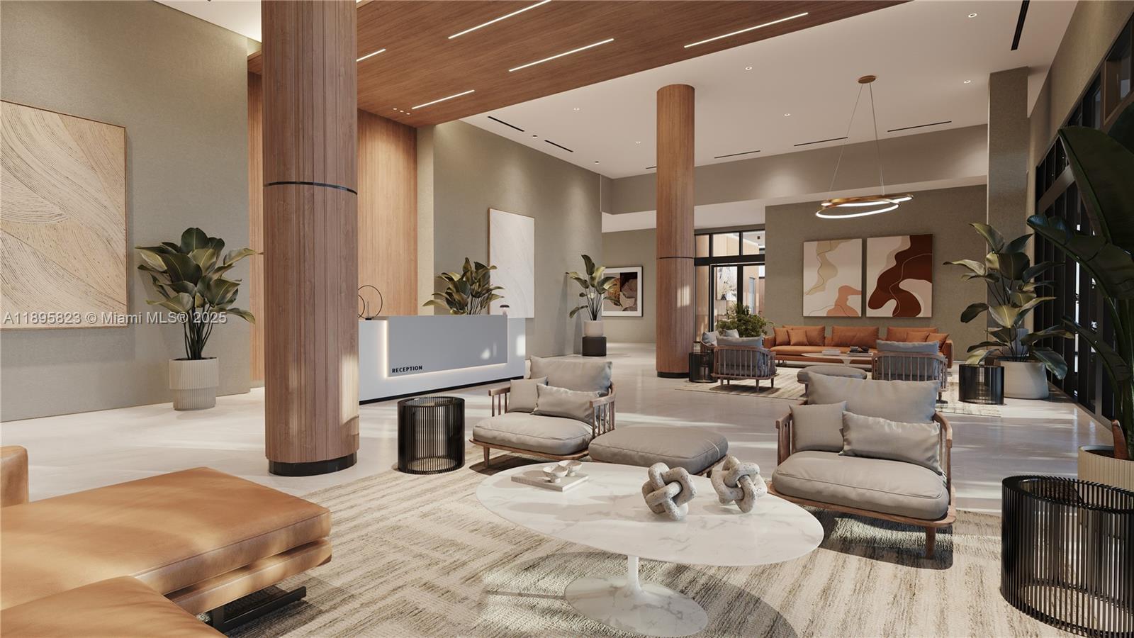 This is a rendering of a modern lobby featuring wood-paneled columns and neutral-toned seating areas — 1420 NW 14th Ave # 1501, Miami FL 33125, MIAMI, FL