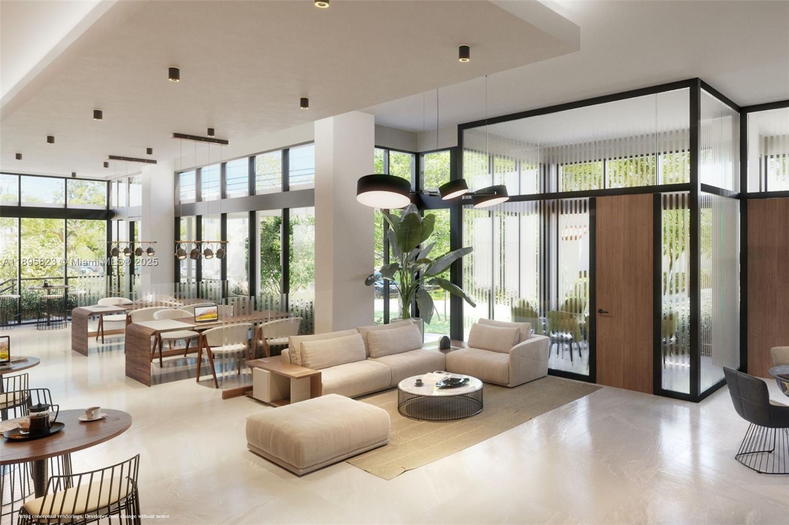This rendering shows a modern, open-concept co-working lounge with floor-to-ceiling windows and contemporary furniture — 1420 NW 14th Ave # 1501, Miami FL 33125, MIAMI, FL