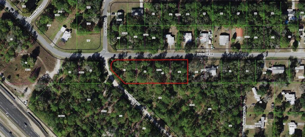 This aerial map shows a vacant, wooded residential lot outlined in red along a paved road — 7350 W VILLAGE DRIVE, HOMOSASSA, FL