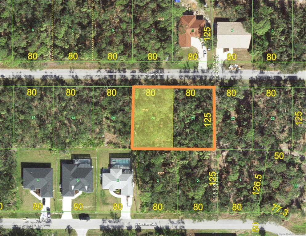 This is a map showing two adjacent vacant lots highlighted in orange — 13523 SEDGWICK AVENUE, PORT CHARLOTTE, FL