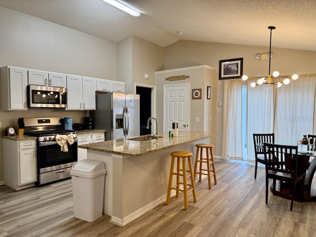 A kitchen with white cabinets, stainless steel appliances, a granite island, and wood-look flooring — 131 SONJA CIRCLE, DAVENPORT, FL