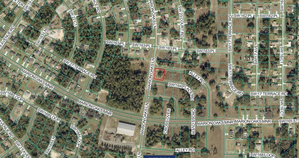 This is an aerial map view of a residential neighborhood with a highlighted vacant lot — TBD SW 164TH PLACE ROAD, OCALA, FL